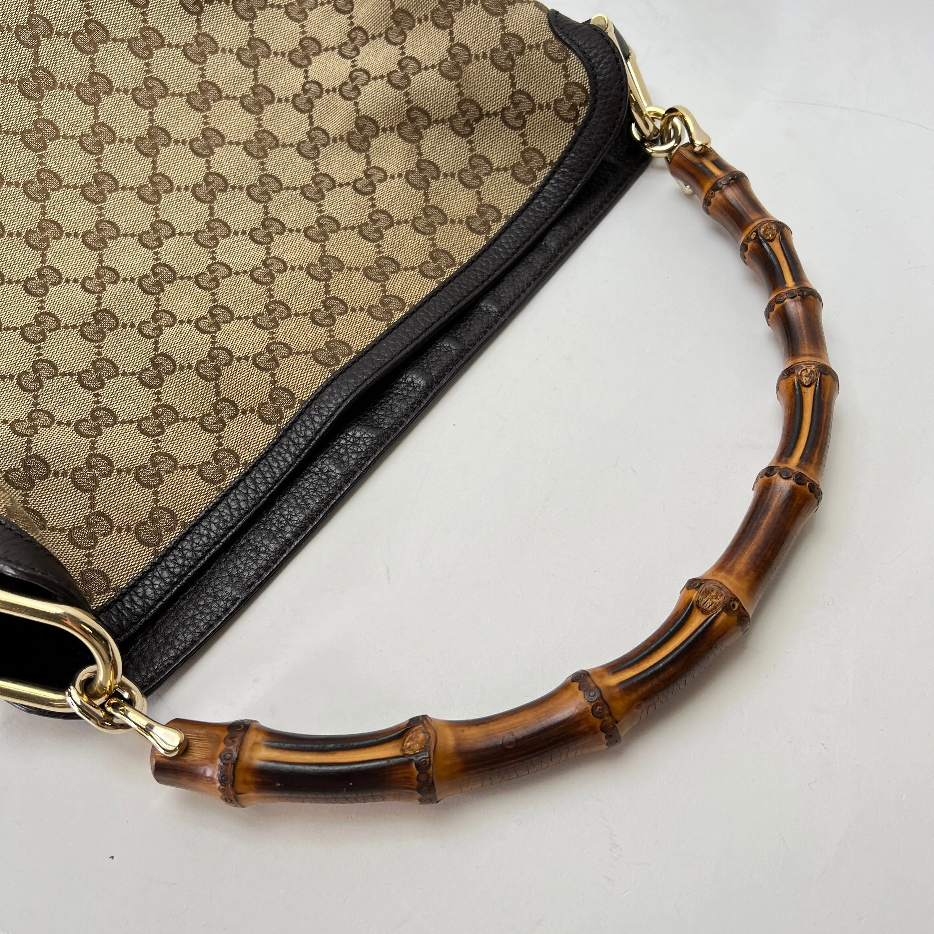 Bamboo Brown Shoulder Bag in Jacquard, Gold hardware