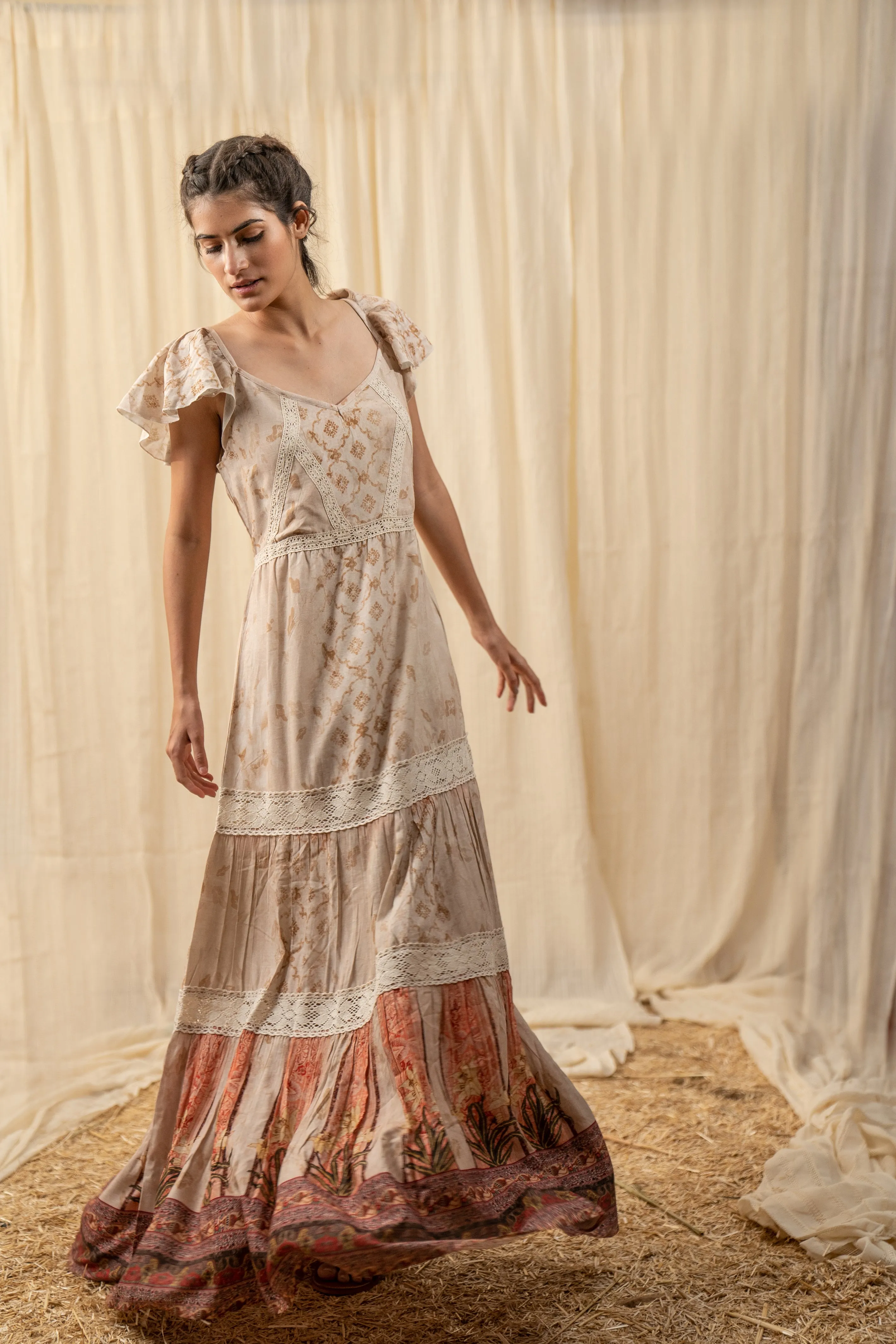 Beige Lace Tiered Maxi Dress