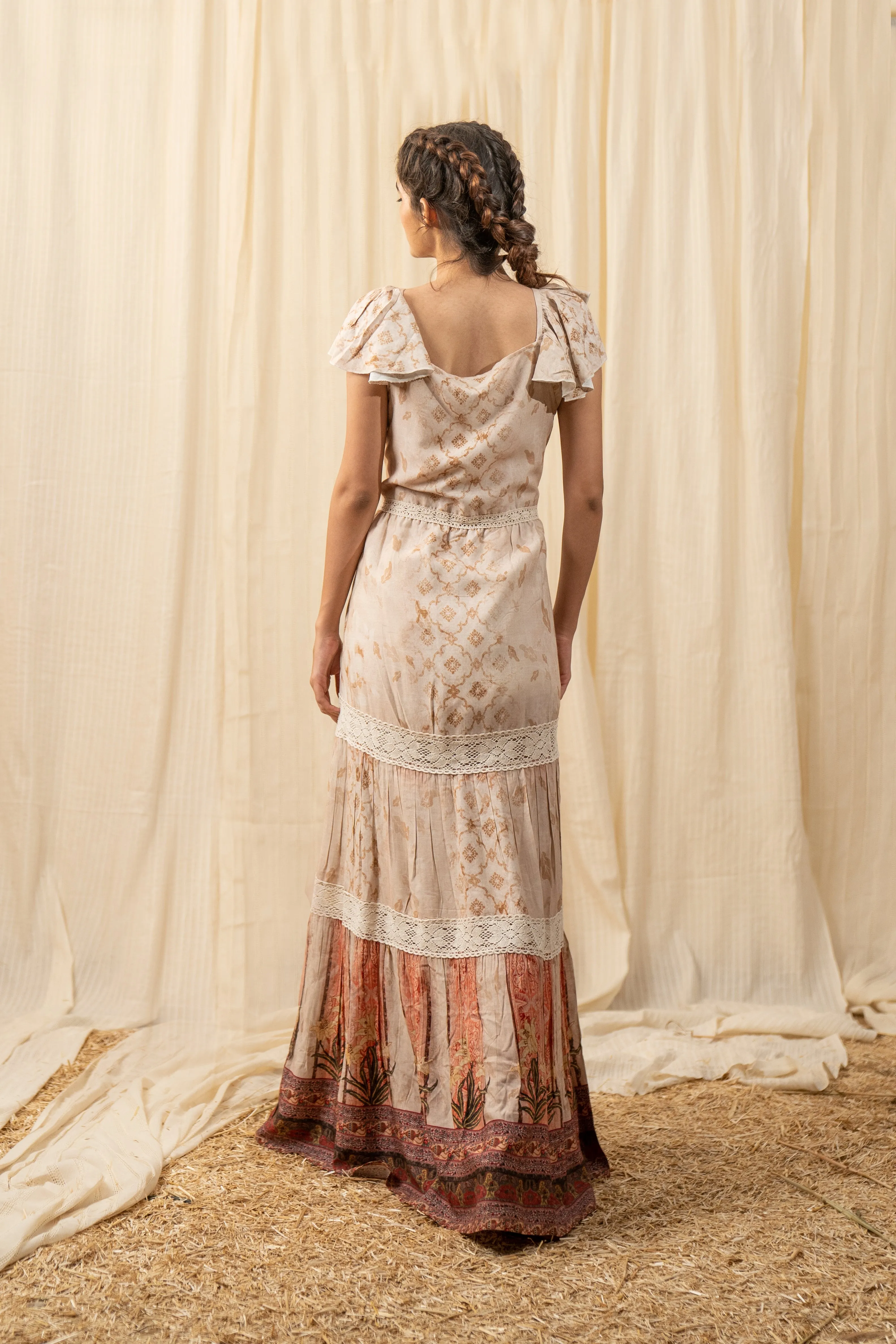 Beige Lace Tiered Maxi Dress
