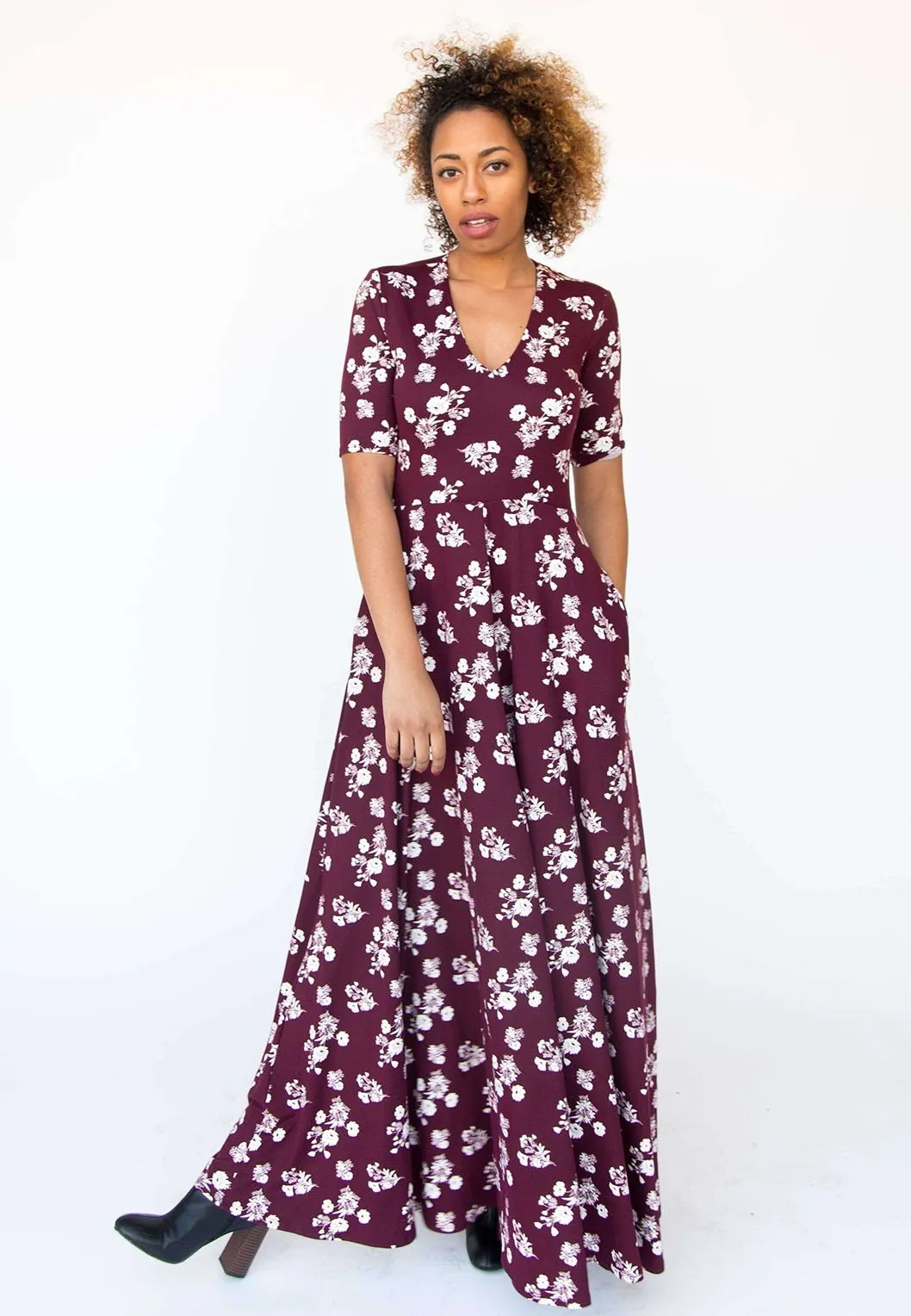 Essential Maxi Dress Baby Suede Stencil Bloom Wine