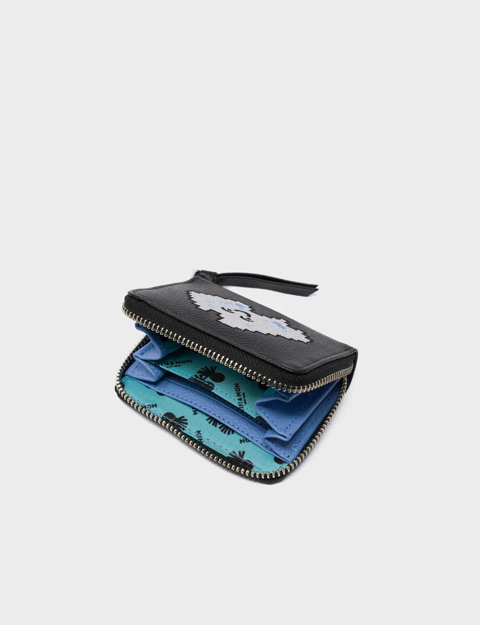 Frodo Black Leather Zip Around Wallet - Cloud Applique