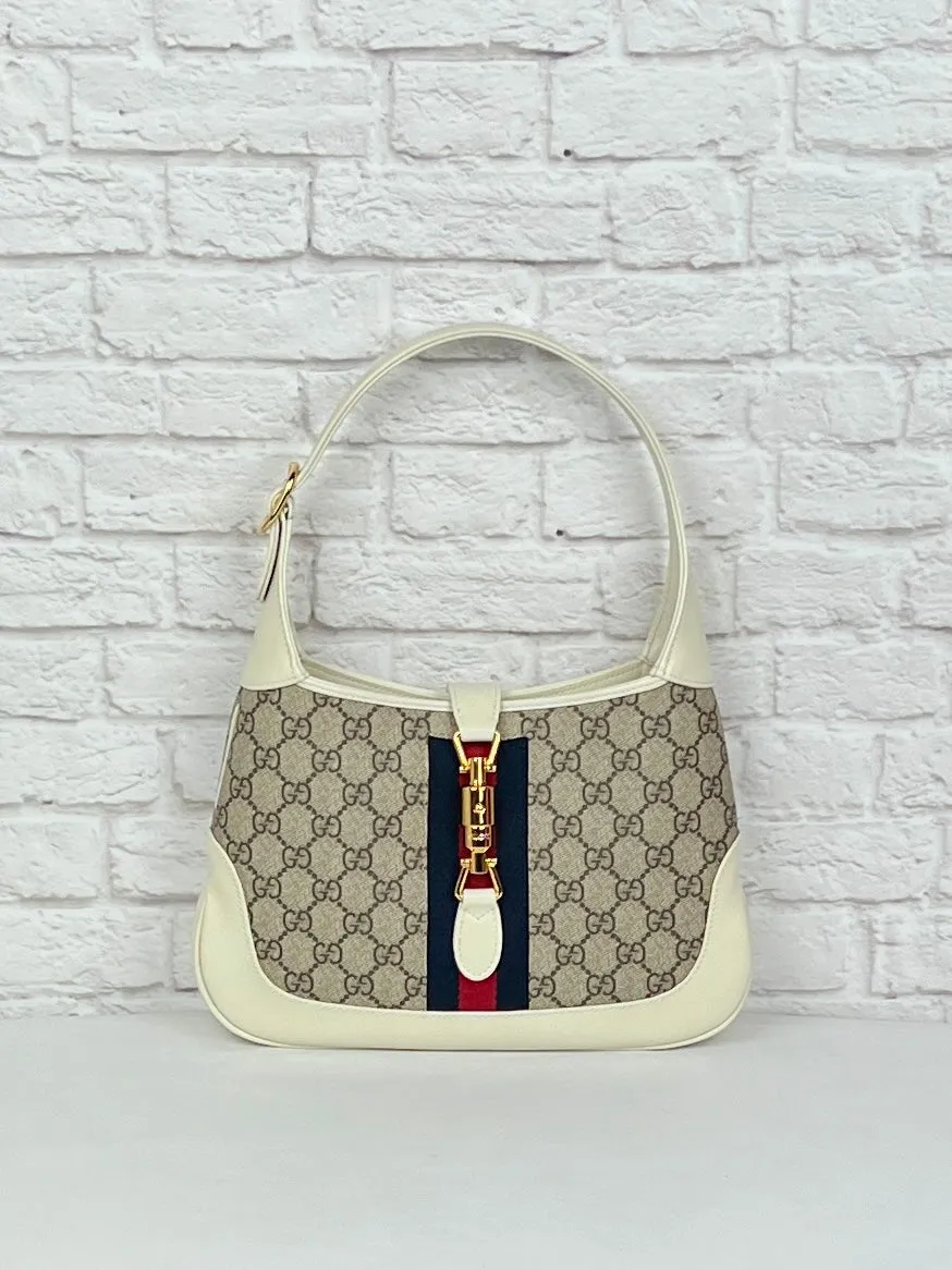 Gucci Jackie Web-trimmed Coated Canvas & Leather Shoulder Bag, New, Mystic White