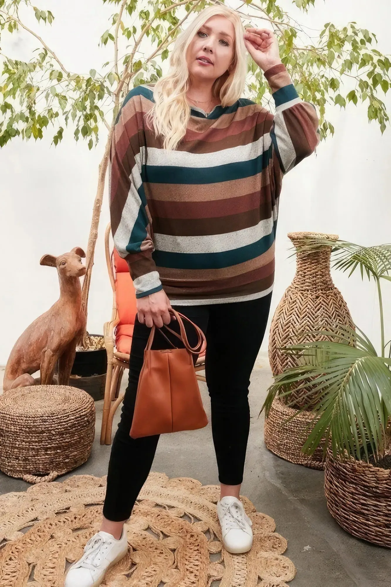 Hunter Green Multi-Stripe Plus Size Knit Top – Chic and Comfortable Knitwear