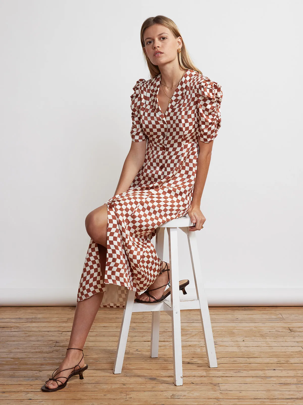 Maguire Brown Wavy Checker Midi Dress