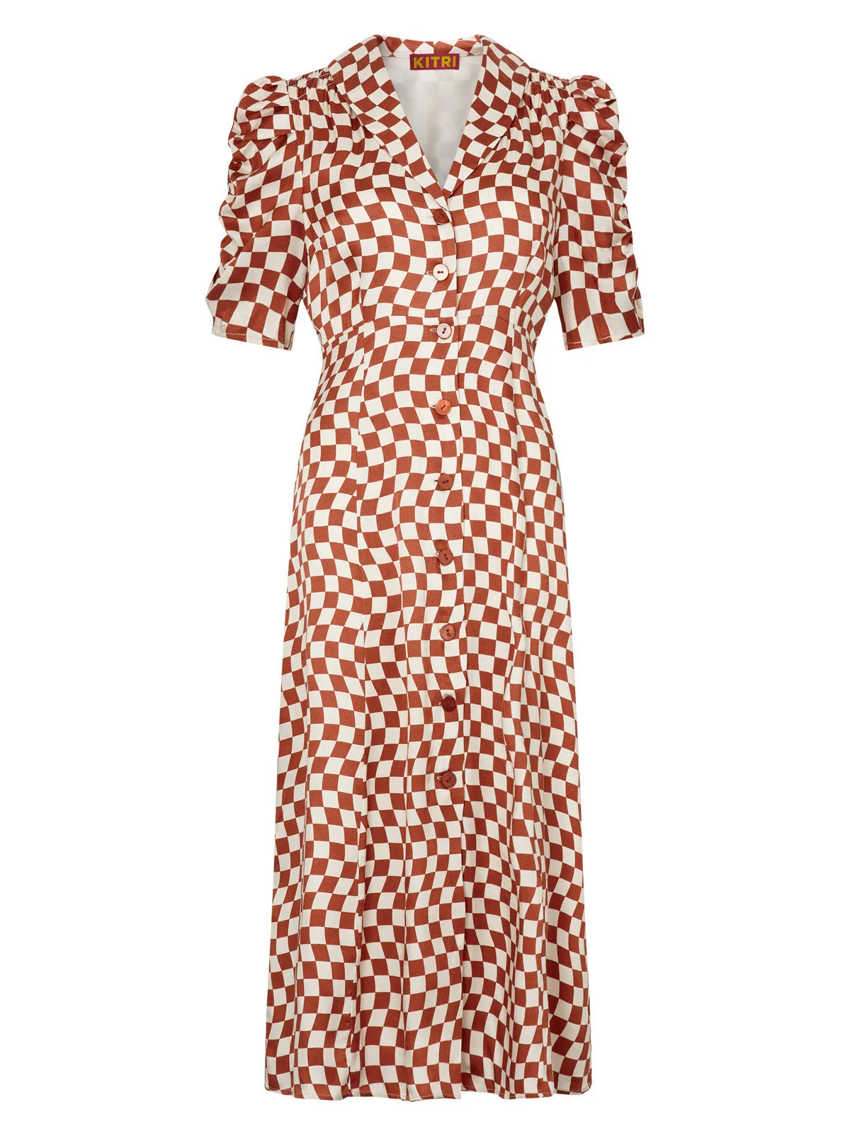 Maguire Brown Wavy Checker Midi Dress