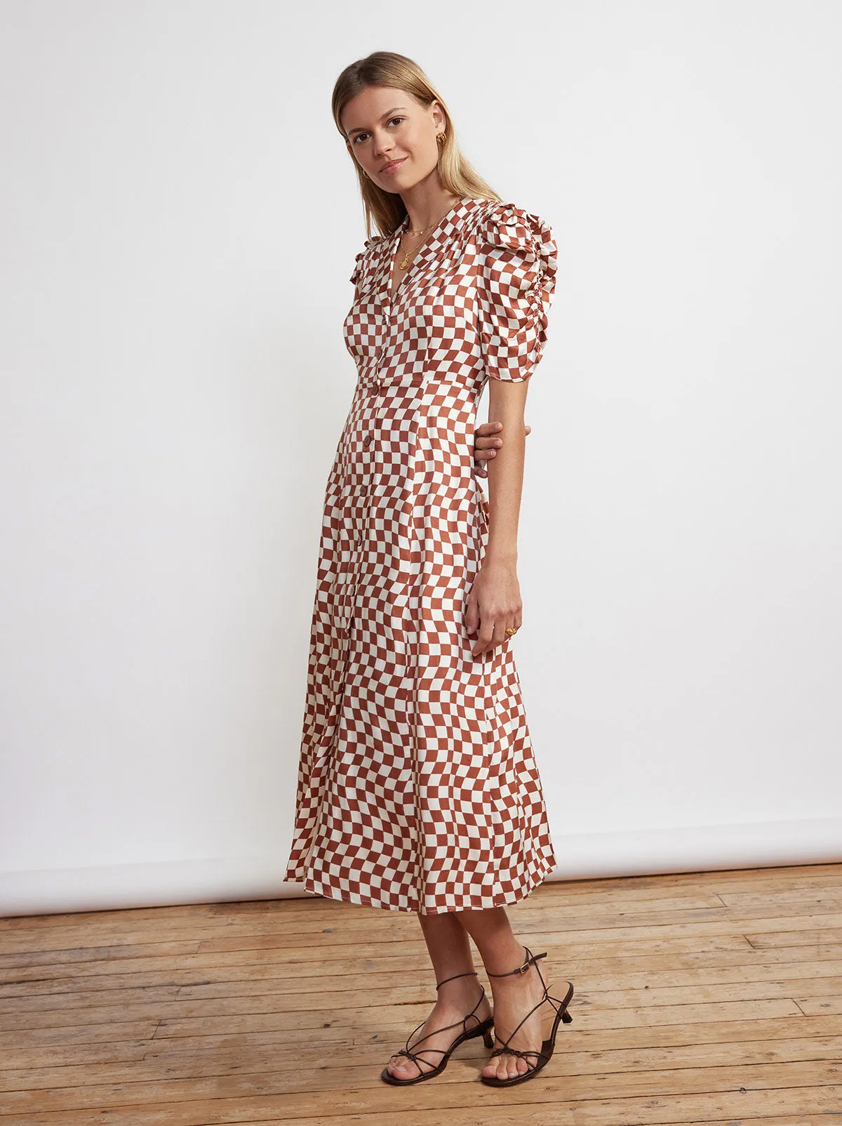 Maguire Brown Wavy Checker Midi Dress