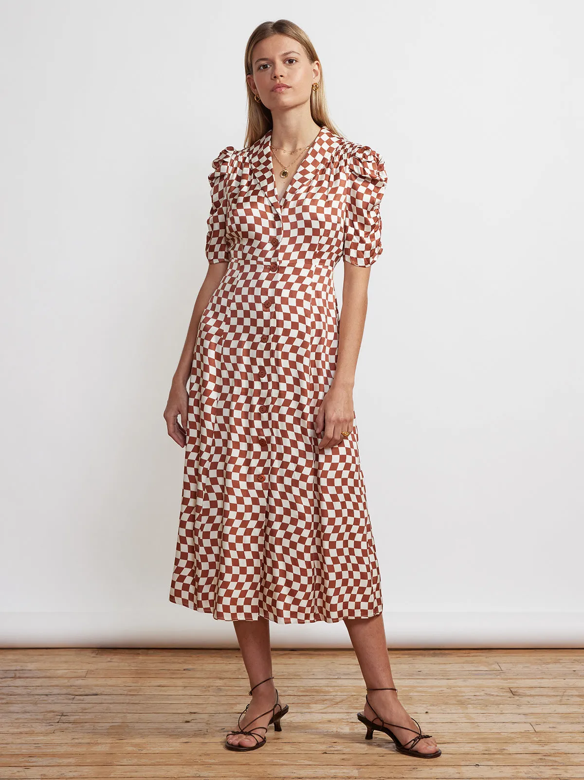 Maguire Brown Wavy Checker Midi Dress