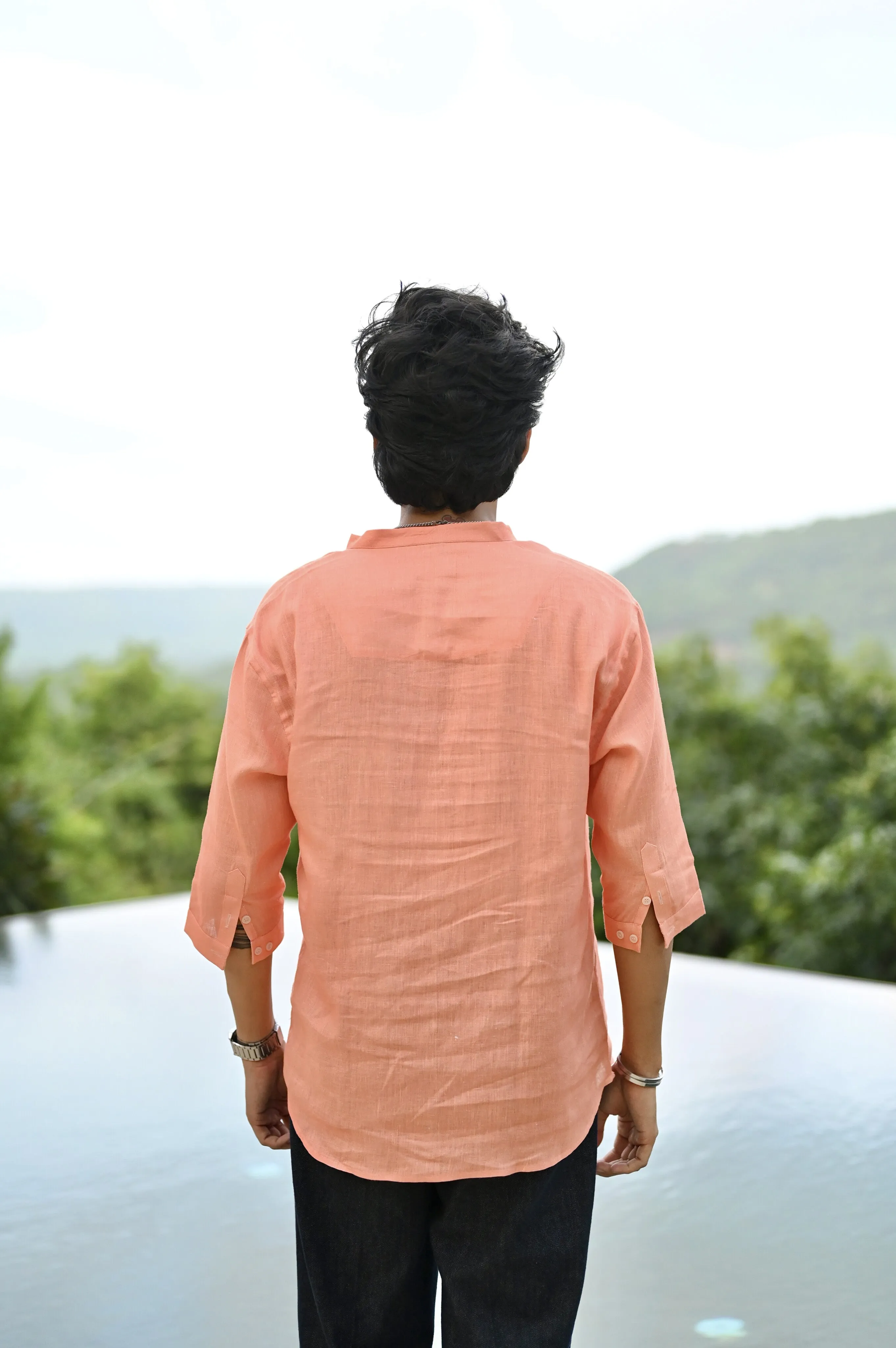"Radiant Finesse : Youthfull Energy with an Orange 3/4 Sleeve Kurta Style Shirt"