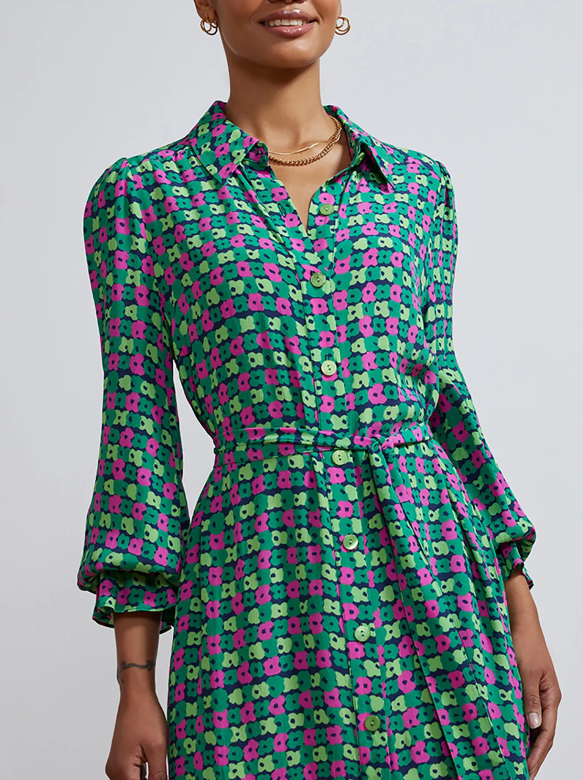 Raquel Green Linear Floral Shirt Dress